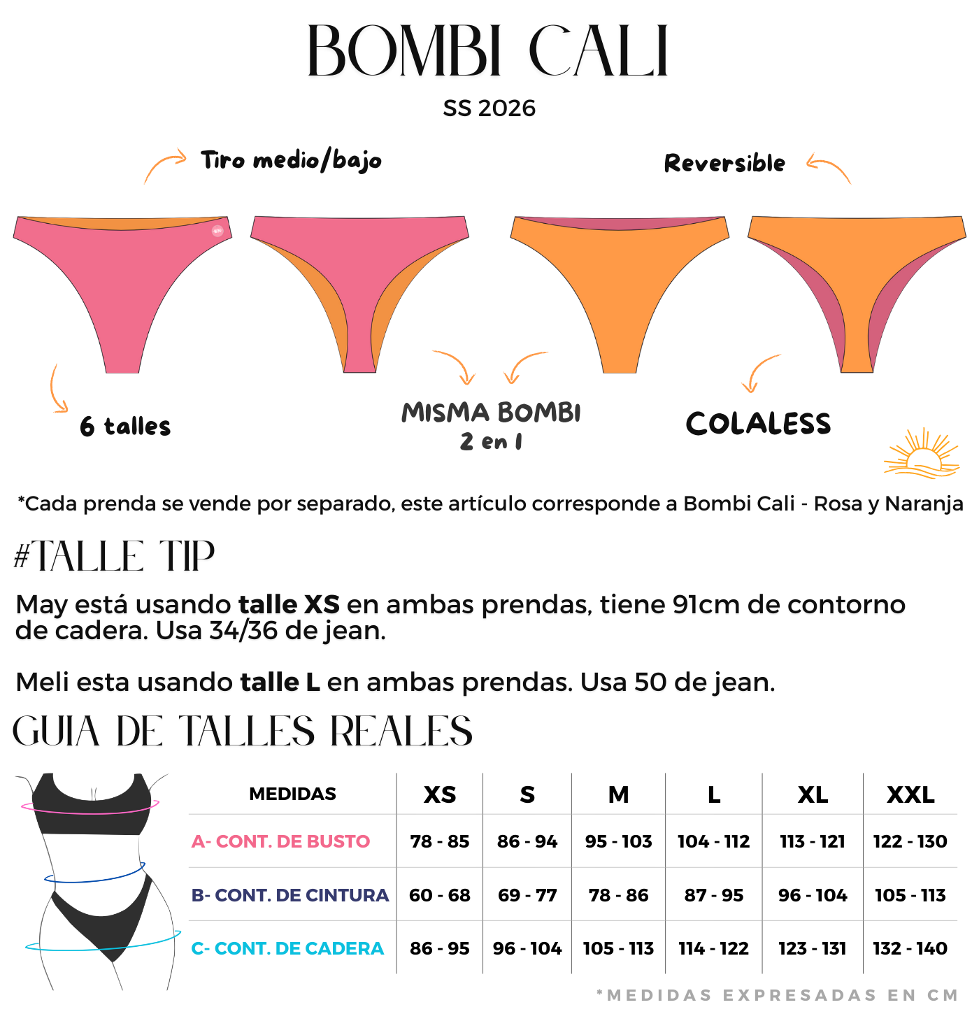 Bombacha bikini colaless rosa y naranja reversible